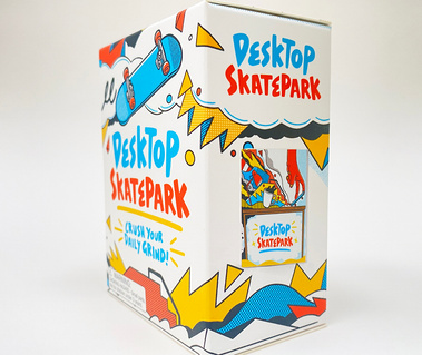 Packaging and booklet illustrations for Hachette product Desktop Skate Park by Geo Law featuring abstract fun shapes and finger skateboarding imagery