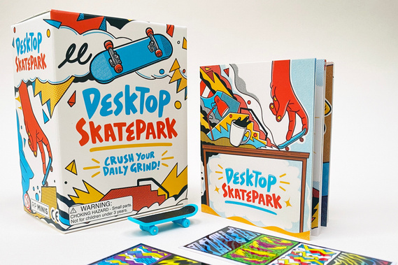 Packaging and booklet illustrations for Hachette product Desktop Skate Park by Geo Law featuring abstract fun shapes and finger skateboarding imagery