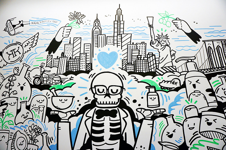 Doodle office mural for L'Oreal and Kiehl's in New York City by illustrator Geo Law