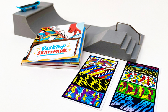 Packaging and booklet illustrations for Hachette product Desktop Skate Park by Geo Law featuring abstract fun shapes and finger skateboarding imagery