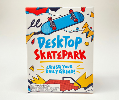Packaging and booklet illustrations for Hachette product Desktop Skate Park by Geo Law featuring abstract fun shapes and finger skateboarding imagery