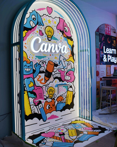 Doodle illustration mural for Canva in London by illustrator Geo Law with characters and creative objects