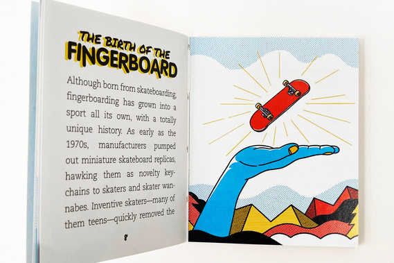 Booklet illustrations for Hachette product Desktop Skate Park by Geo Law featuring abstract fun shapes and finger skateboarding imagery