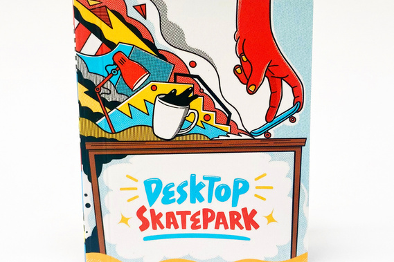 Packaging and booklet illustrations for Hachette product Desktop Skate Park by Geo Law featuring abstract fun shapes and finger skateboarding imagery