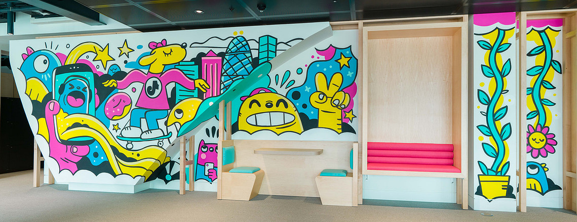 Office mural doodle illustration by London UK based illustrator Geo Law