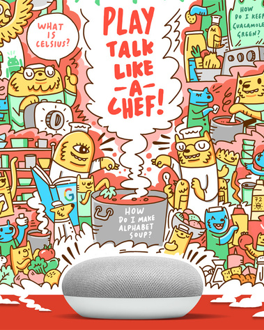 Hero illustration for New York Times advertorial and Google Home Mini art cards filled with characters and prompts for users. Illustrated by Geo Law