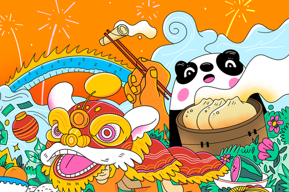 Year of the dragon hero illustration by artist Geo Law for Paramount Plus, filled with characters and nods to Chinese culture