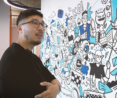 Illustrator Geo Law doodles a mural for Sega europe in London featuring characters like Sonic the Hedgehog, Shinobi, Streets of Rage and more