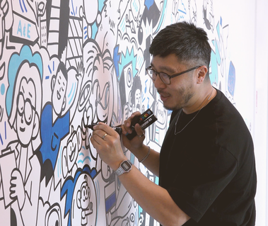 Illustrator Geo Law doodles a mural for Sega europe in London featuring characters like Sonic the Hedgehog, Shinobi, Streets of Rage and more