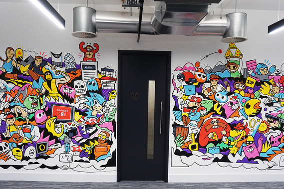Office mural inspired by iconic video game characters for Admix in London by illustrator Geo Law