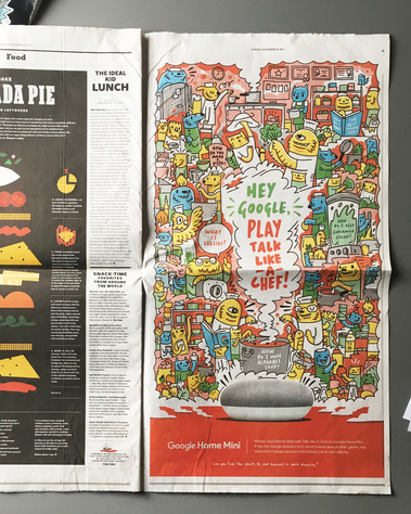 Hero illustration for New York Times advertorial and Google Home Mini art cards filled with characters and prompts for users. Illustrated by Geo Law