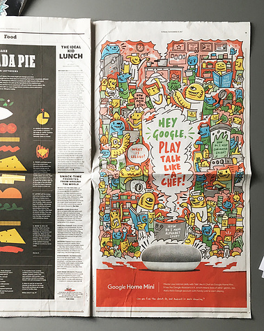 Hero illustration for New York Times advertorial and Google Home Mini art cards filled with characters and prompts for users. Illustrated by Geo Law