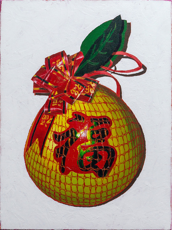 a still life painting of a Chinese New Year pomelo, wrapped in PVC mesh and tied with red and gold ribbon.