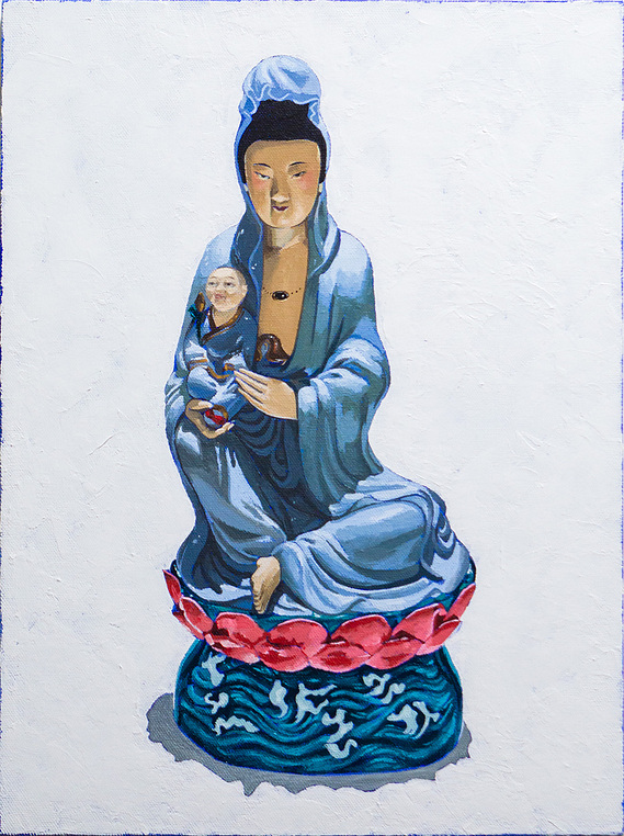 still life painting of a porcelain statue of Guanyin, the Buddhist deity of Mercy, holding a baby boy.