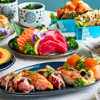 Colourful sushi spread and tea cups — Melbourne restaurant photography