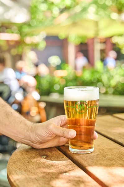 a hand holding a beer on a sunny green background