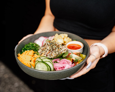 Healthy poke salad bowl with quinoa and pickled vegetables – photographed by Marcie Raw, Melbourne food photographer