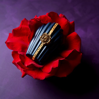 Gourmet chocolate dessert in red rose — Marcie Raw Melbourne food photography