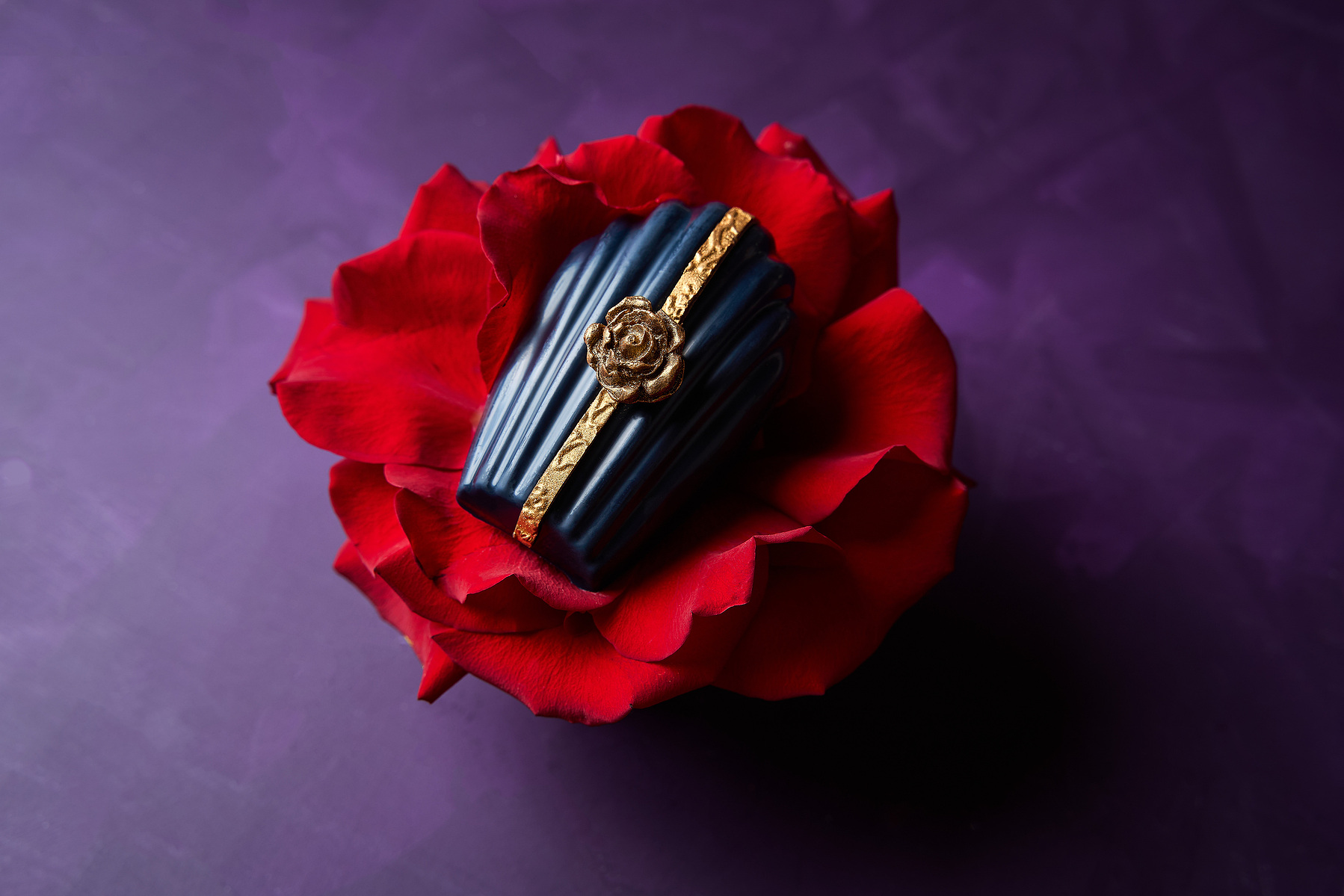 Gourmet chocolate dessert in red rose — Marcie Raw Melbourne food photography