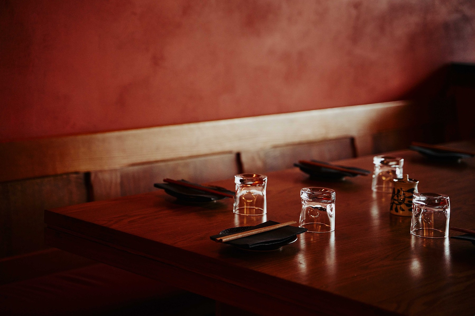 Wooden table set for dining — Melbourne restaurant interior photography