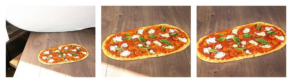 pizzas photographed on a wooden board for Zizzi - showing the editing process of a photographer on Adobe Creative Suite