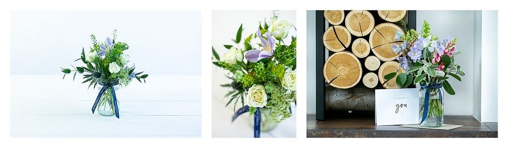 floral displays and bouquets with white roses, pink carnations and bluebells