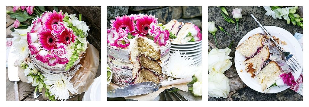 Victorian sponge cake covered in pink summer flowers, being cut for a party, cake being enjoyed by people, piece of cake on a plate with a fork