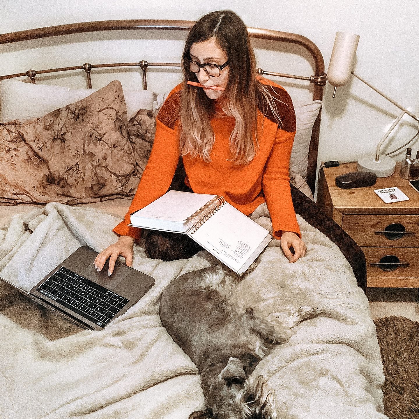 girl works on her bed with notebook, pen and laptop, with pink floral bedding and a small schnauzer asleep on the bed with her