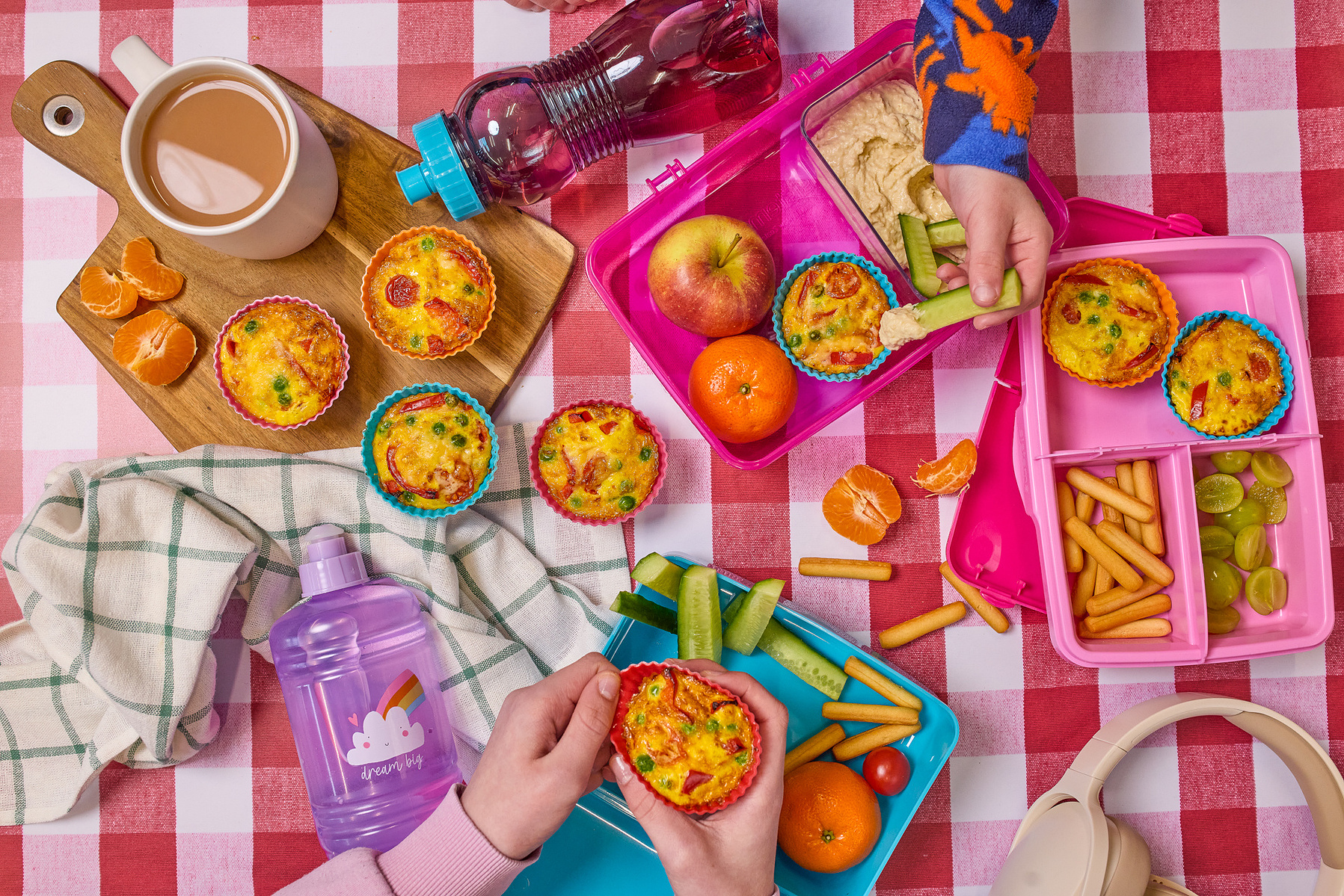 Overhead image of styled recipes for Manchester brand shoot on gingham background