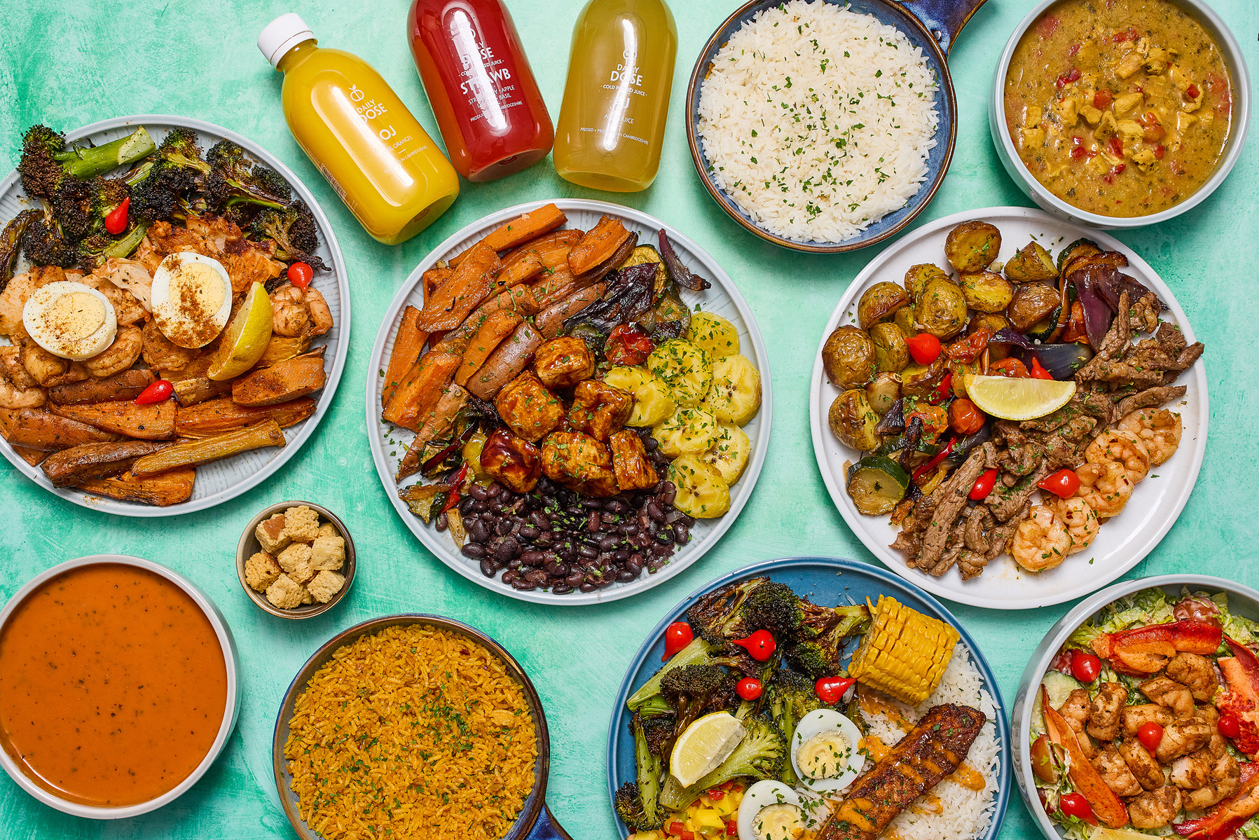 Restaurant dishes being captured with camera and softbox lighting, shot from above