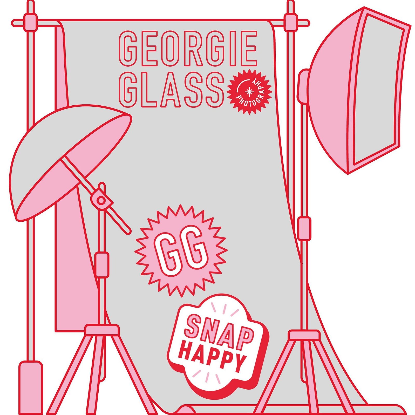 Illustration for Georgie Glass Photography featuring a stylised photography studio setup with 'GEORGIE GLASS' branding, complete with light stands, softbox, and umbrella, all in a striking pink and grey colour scheme.