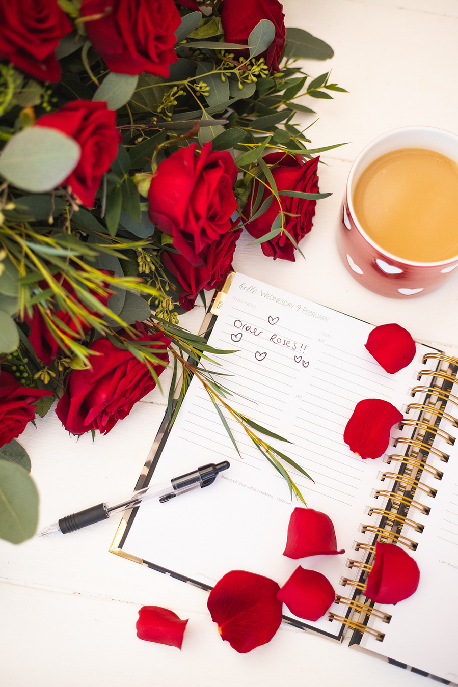 Georgie Glass Photography, food photographer, Manchester product photographer, The Flower Lounge, Didsbury, floral arrangements, Valentines day, roses, rose petals scattered on a notebook with a cup of tea