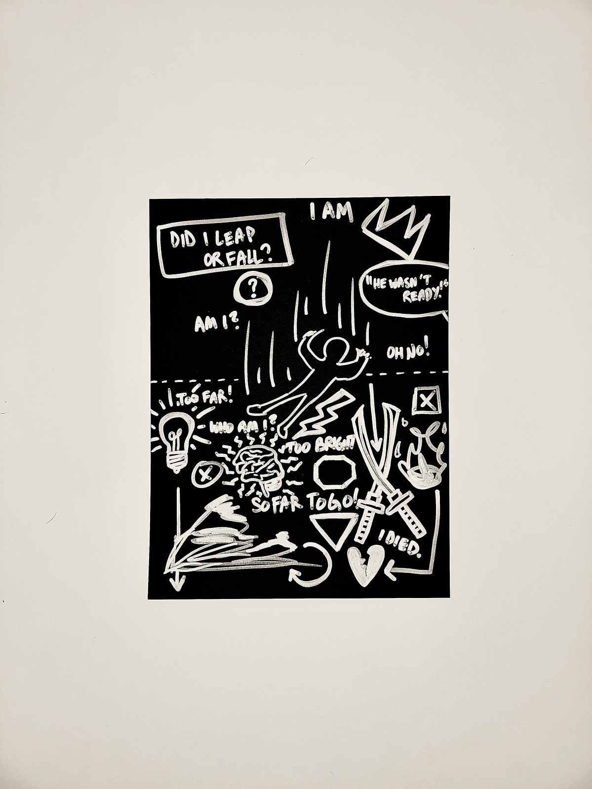 Did I Leap Or Fall? — India Ink on Black Paper — 9.5 × 12.5 in (24cm x 32cm) — 2025