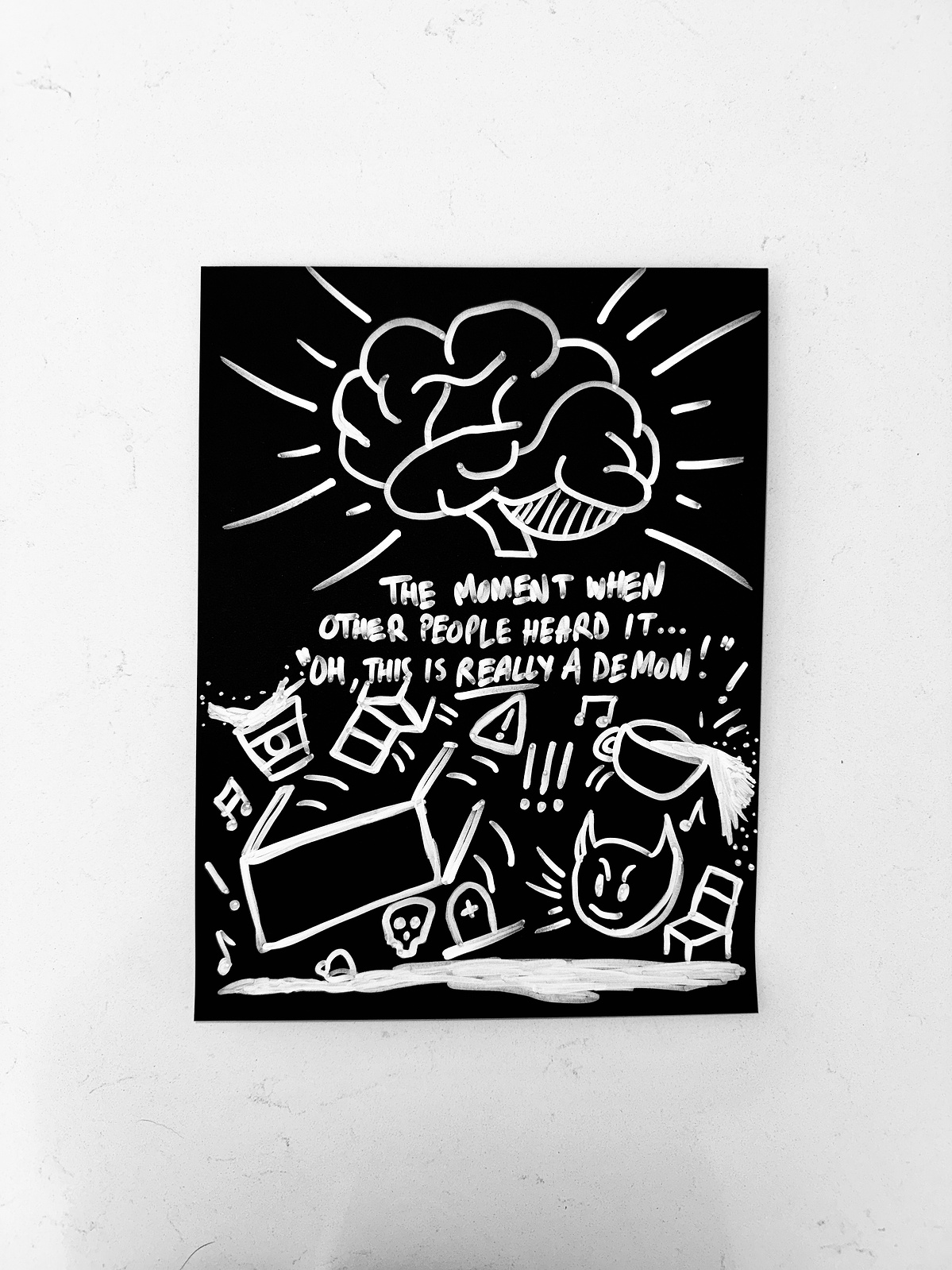 "Oh, This Is Really A Demon! " — India Ink on Black Paper — 9.5 × 12.5 in (24cm x 32cm) — 2025