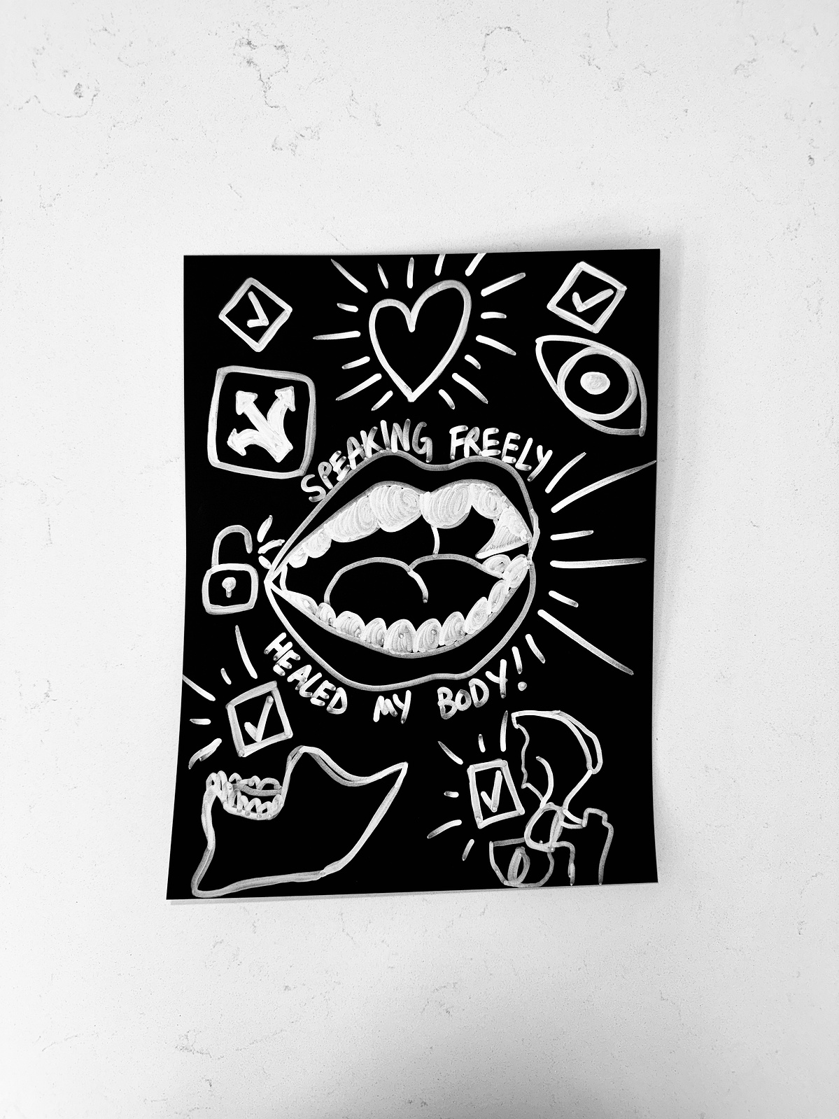 Speaking Freely Healed My Body — India Ink on Black Paper — 9.5 × 12.5 in (24cm x 32cm) — 2025