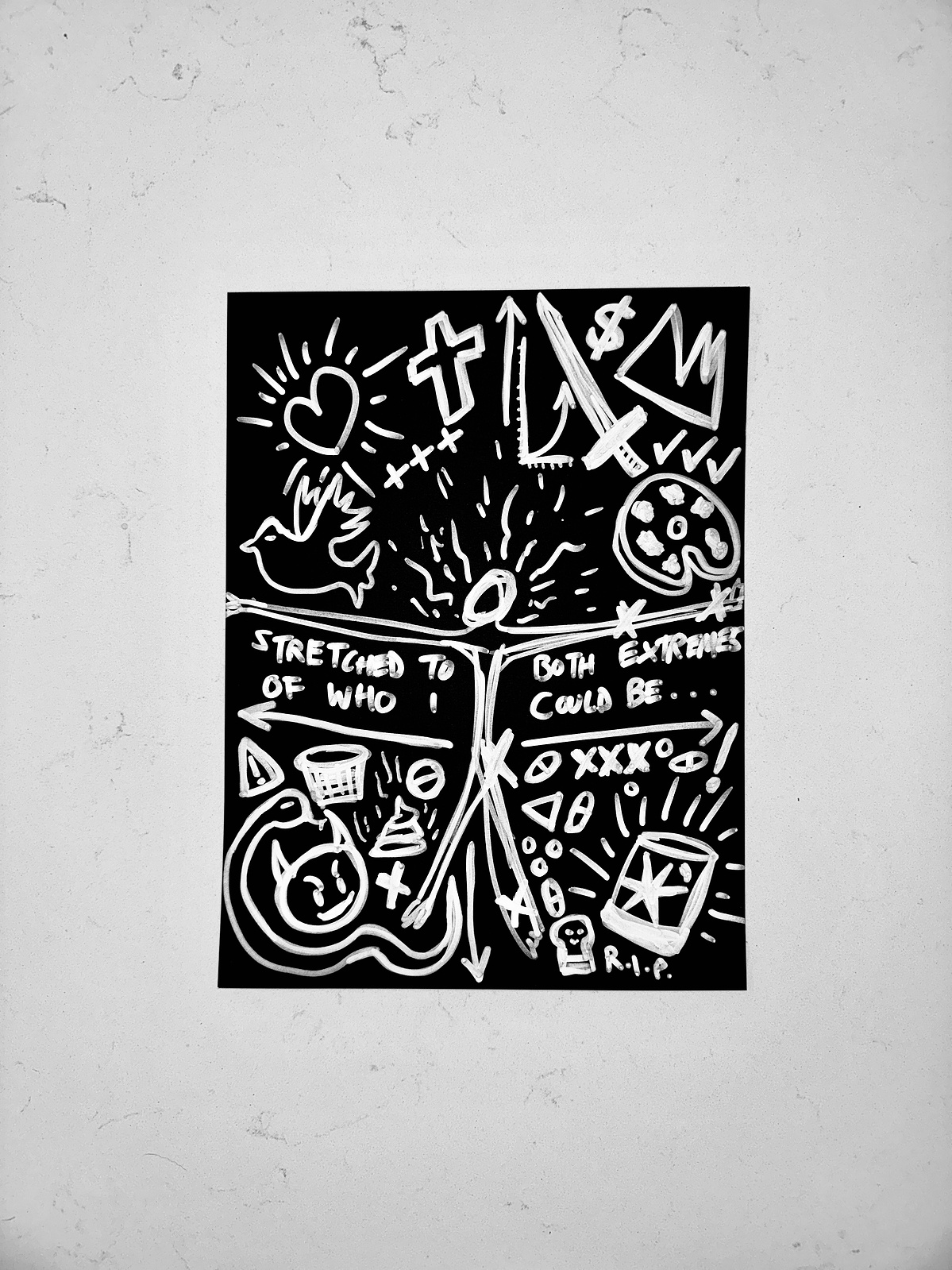 Stretched To Both Extremes — India Ink on Black Paper — 9.5 × 12.5 in (24cm x 32cm) — 2025