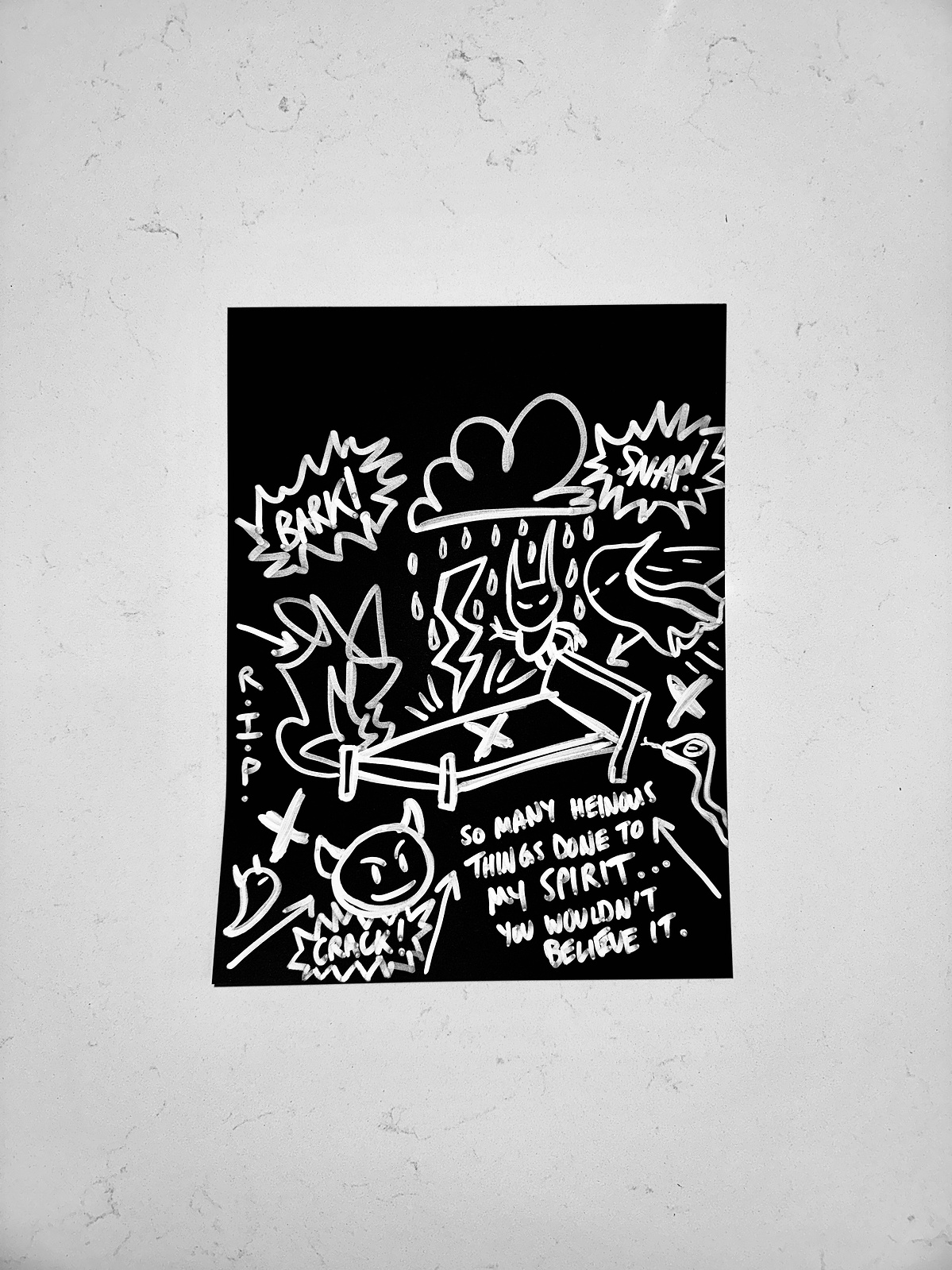 So Many Heinous Things... — India Ink on Black Paper — 9.5 × 12.5 in (24cm x 32cm) — 2025