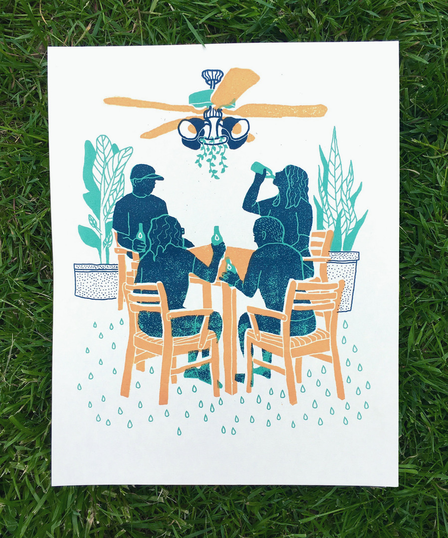 picture of a screen print of four friends sitting around a table drinking bottles