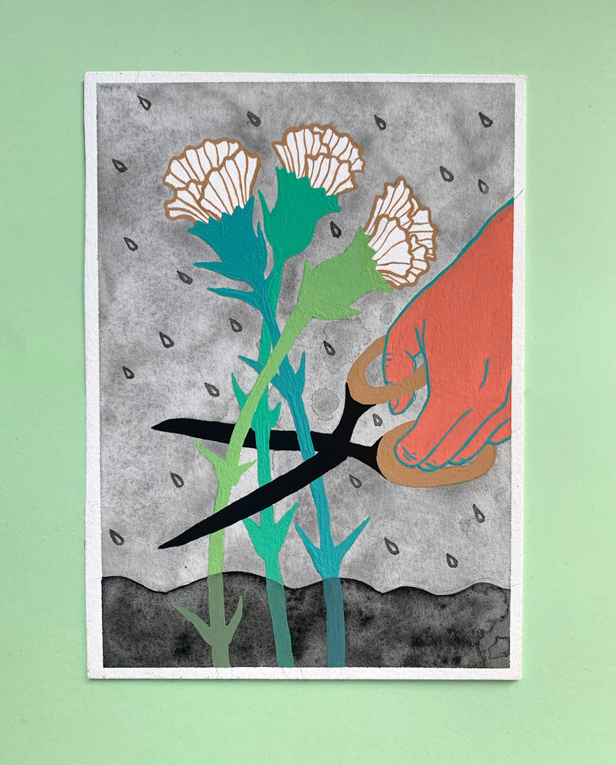 picture of a painting of a pair of scissors cutting some white and green flowers
