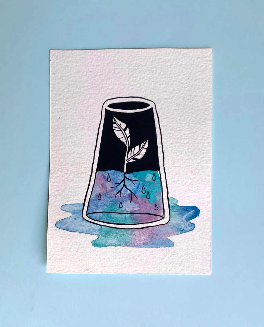picture of a painting of an upside-down cup growing leaves inside