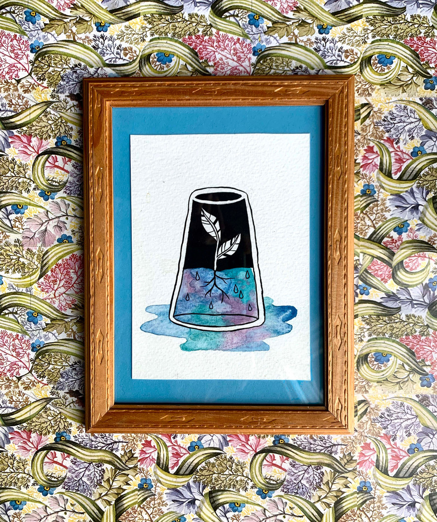 picture of a painting of an upside-down cup growing leaves inside