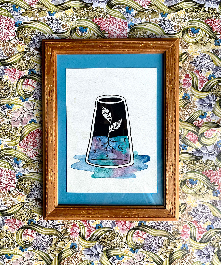 picture of a painting of an upside-down cup growing leaves inside