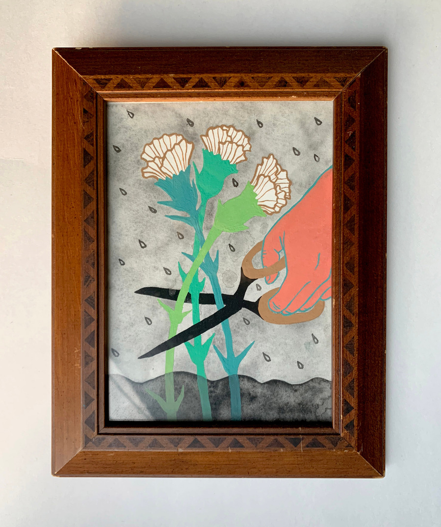 picture of a painting of a pair of scissors cutting some white and green flowers in a frame