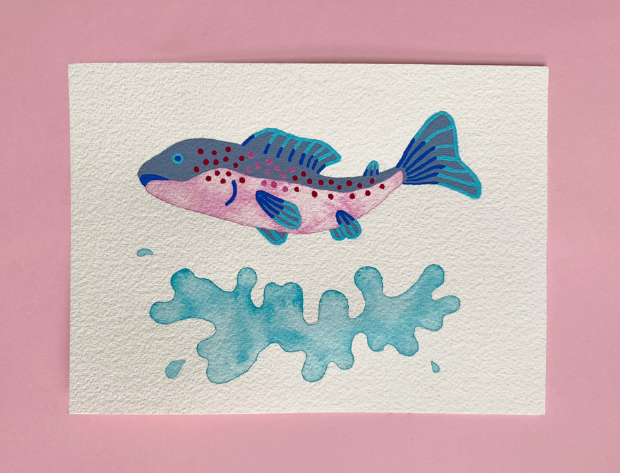 picture of a painting of a salmon on a pink background