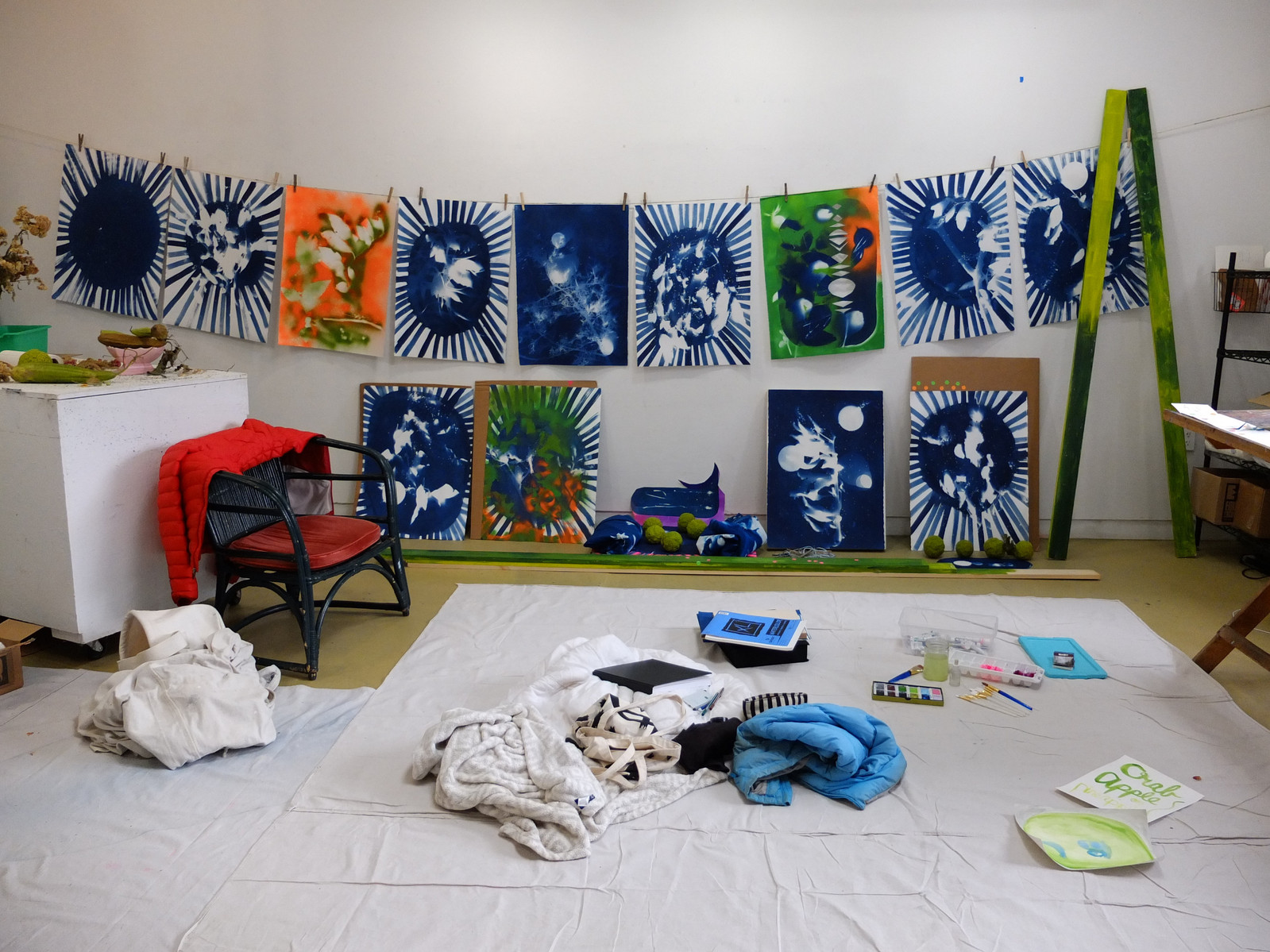 the studio of Nellie Appleby covered with cyanotypes 