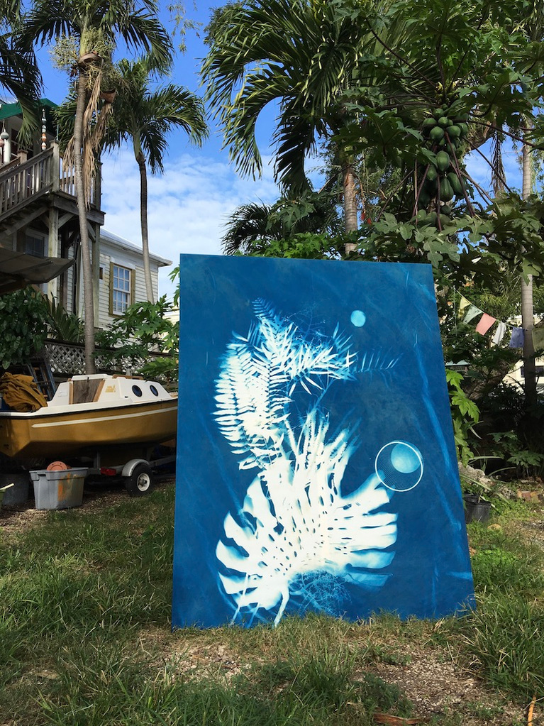 large cyanotype art work by nellie appleby  in tropical garden next to sailboat in key west florida