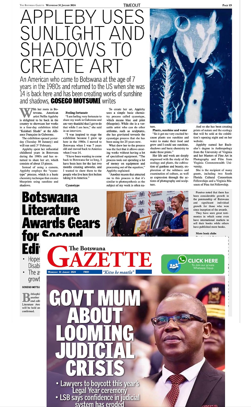 Nellie Appleby art exhibit article in the Botswana Gazette newspaper, sunprint, art exhibit, cyanotype, textile, photography