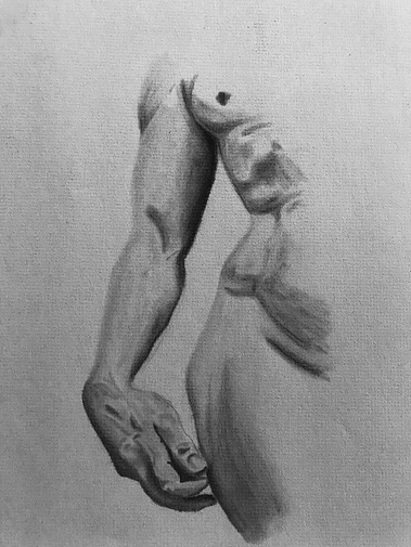 Left viewpoint of Michelangelo's David. Medium is charcoal.