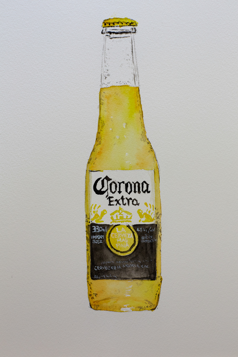 Bottle of Corona Beer Alcohol in watercolour, yellow and black 2020