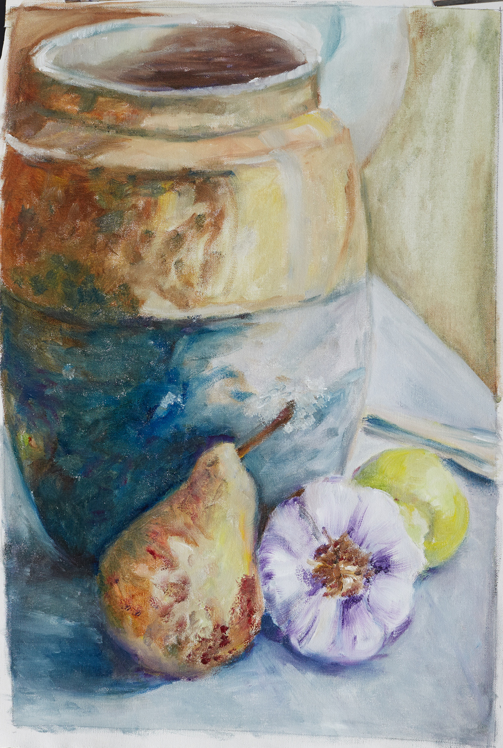 pot, pear, garlic and lemon on a table impressionist in oils 2020